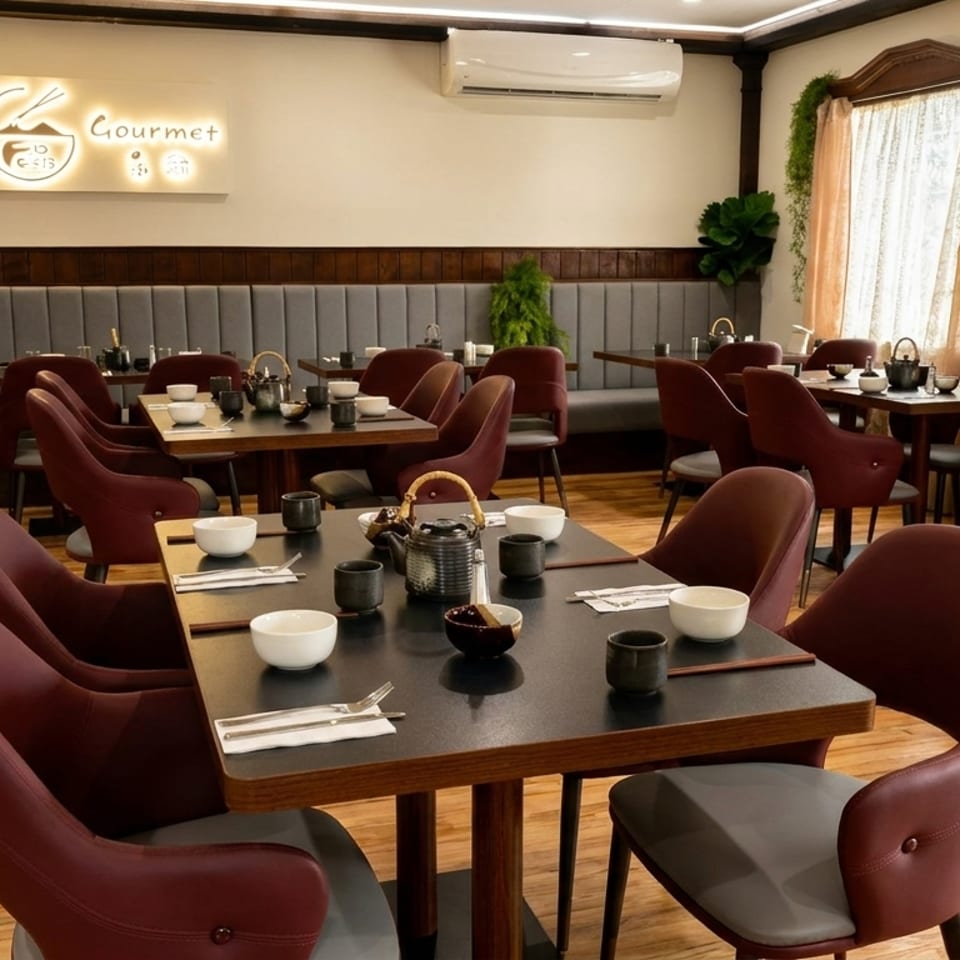 Interior of a restaurant with dark tables, maroon chairs, and a glowing "Gourmet Cafe" sign.