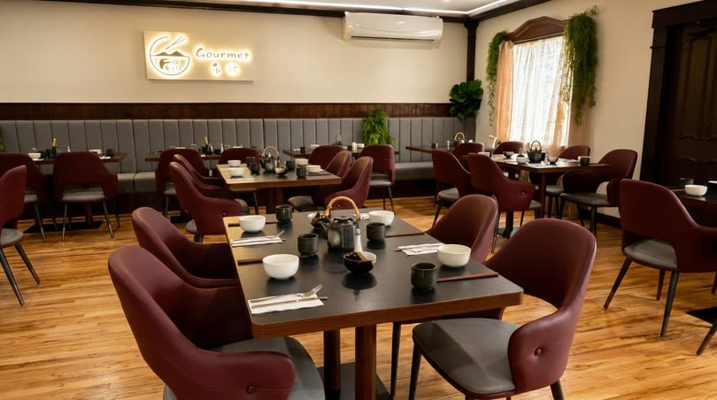 Interior of a restaurant with dark tables, maroon chairs, and a glowing "Gourmet Cafe" sign.
