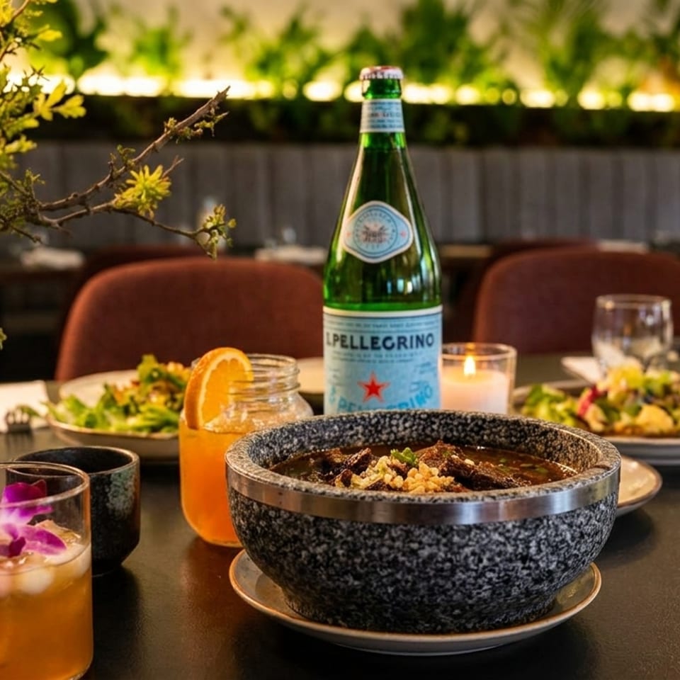 A restaurant table set with a bowl of stew, drinks, and salads, with a plant centerpiece.