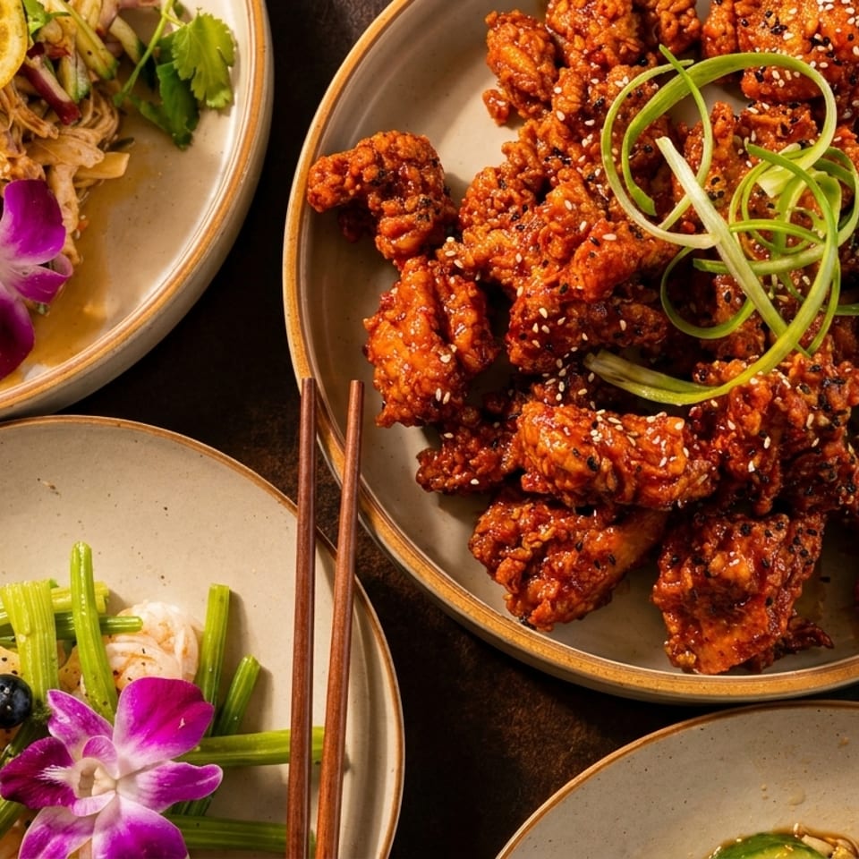 An overhead view of three plates of Asian cuisine, including fried chicken, salad, and shrimp.