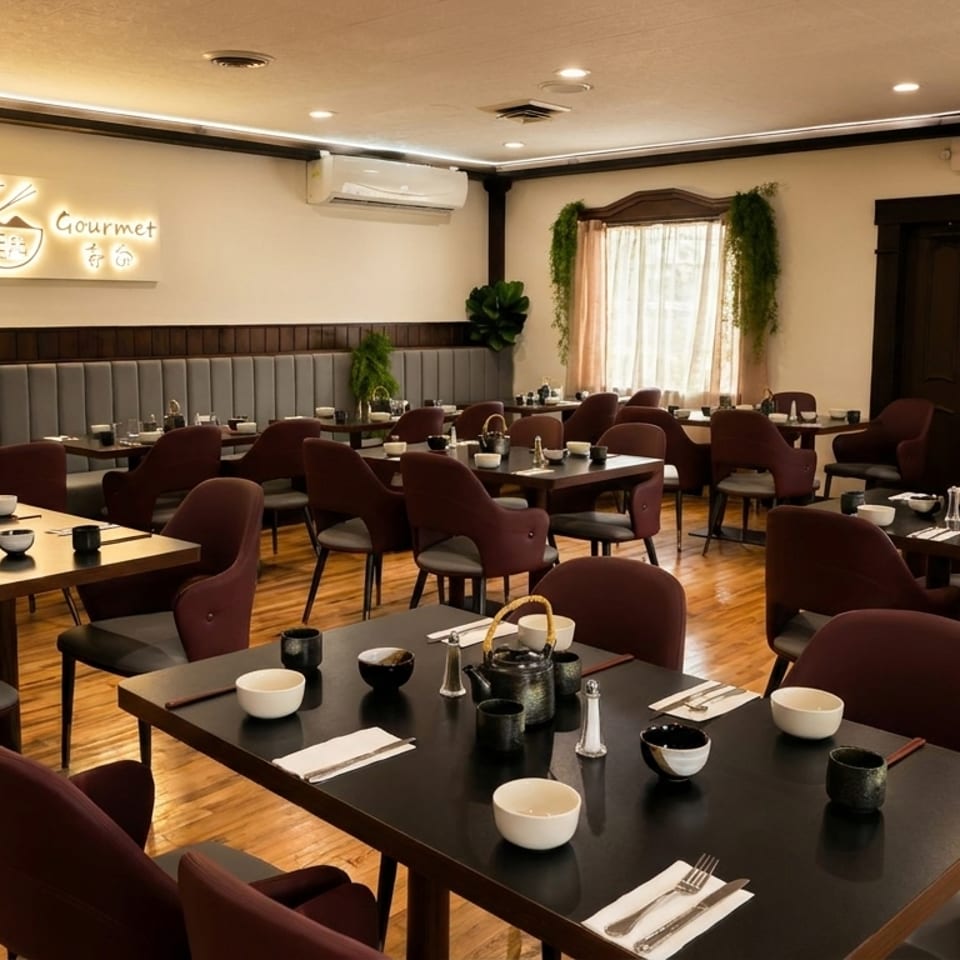 A spacious, well-lit dining room with numerous tables set with dark tableware and maroon chairs.