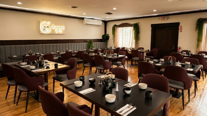 A spacious, well-lit dining room with numerous tables set with dark tableware and maroon chairs.