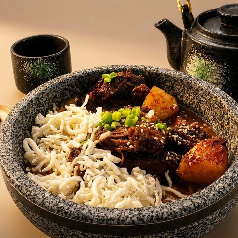 Far East Gourmet's beef and potato stew with noodles, chili paste, and a teapot.