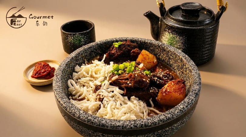 A bowl of Far East Gourmet beef and potato stew with noodles, chili paste, and teapot.