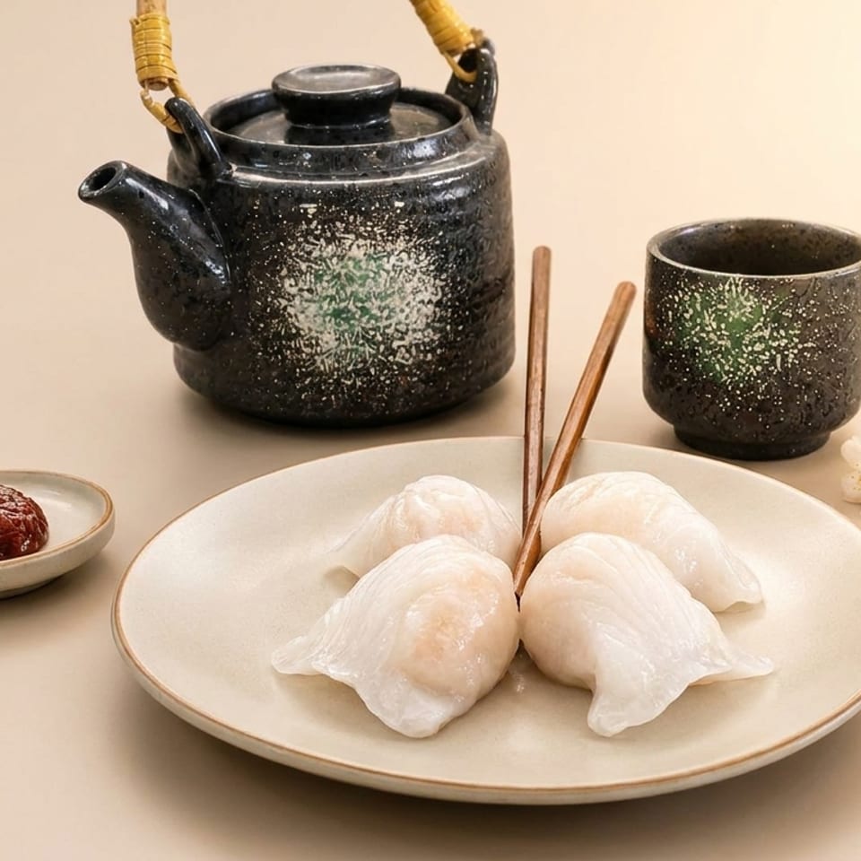 Far East Gourmet Har Gow shrimp dumplings, chili paste, teapot, teacup, and cherry blossoms.