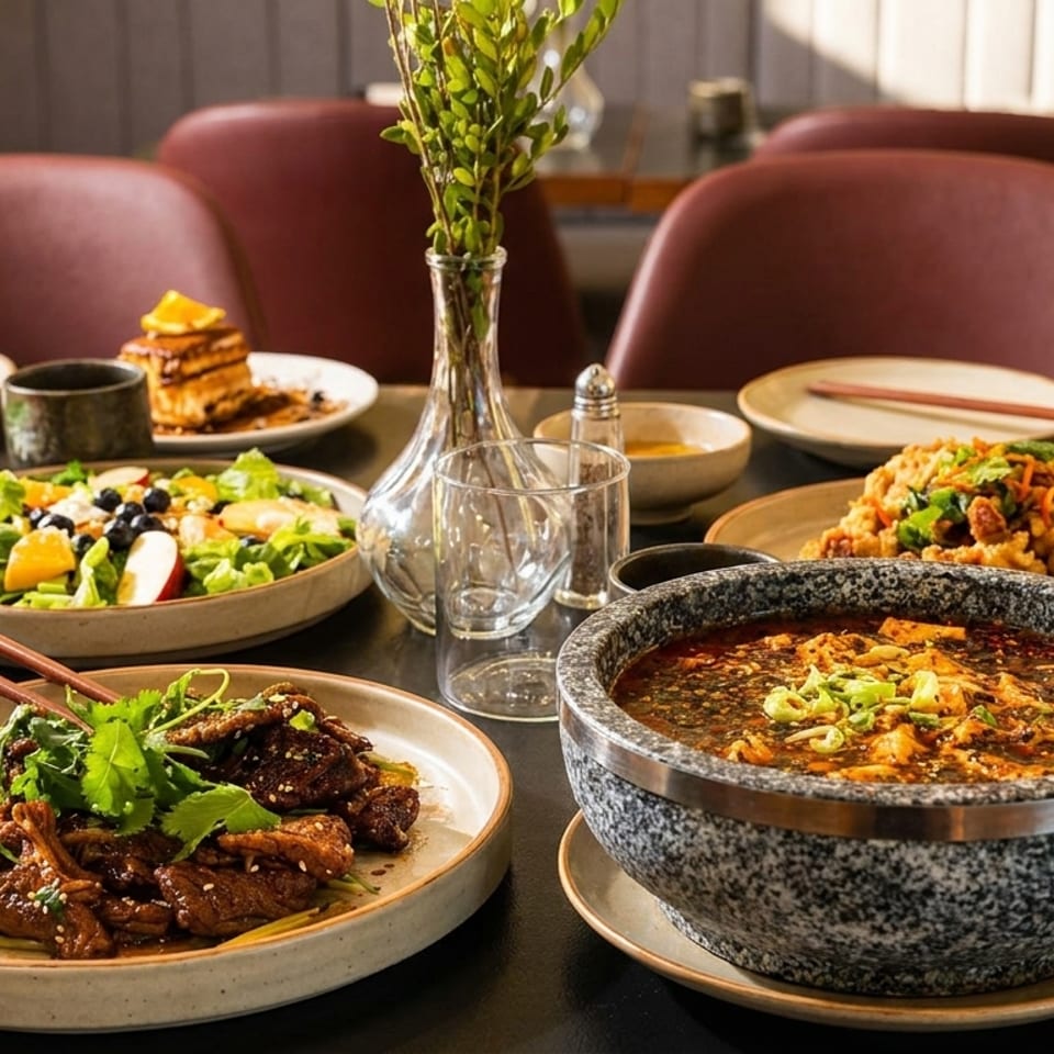 A table laden with various Asian dishes, including a large bowl of soup, meat, salad, and dessert.